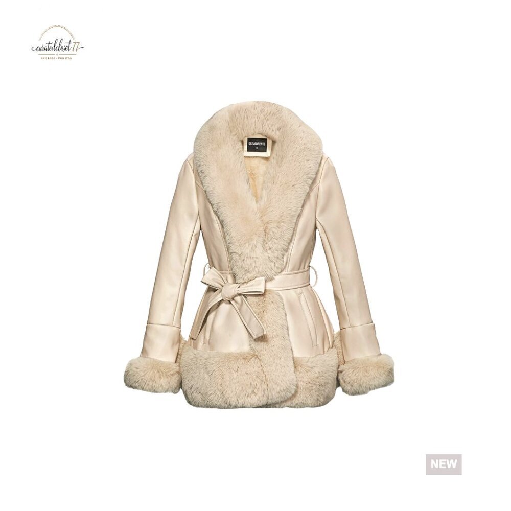 Faux Leather Peplum Jacket with Faux Fur Collar, Belted Winter Coat